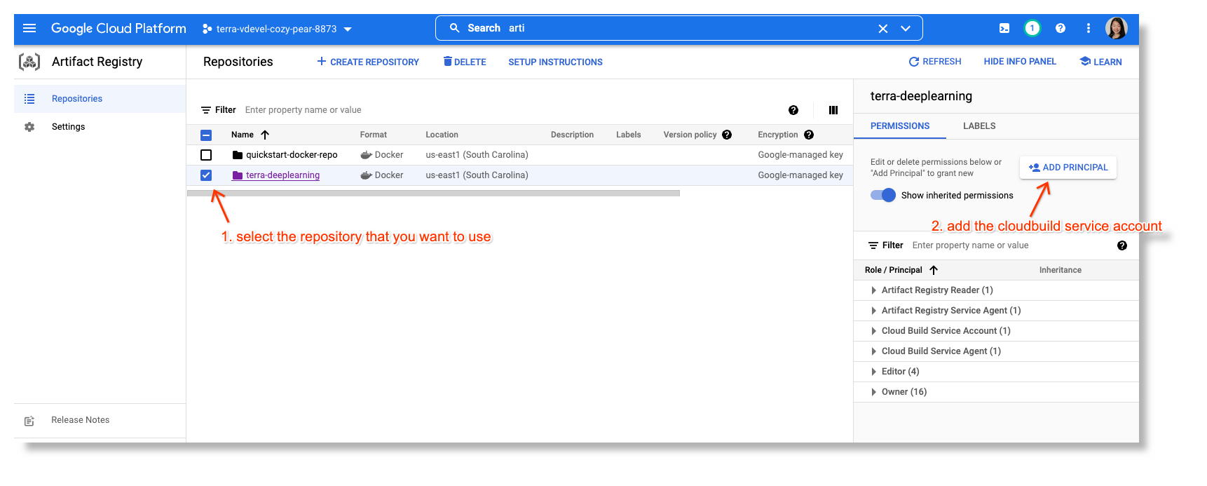 Screenshot of Google Cloud Artifact Registry repositories page, highlighting selected repository and 'Add principal' button.