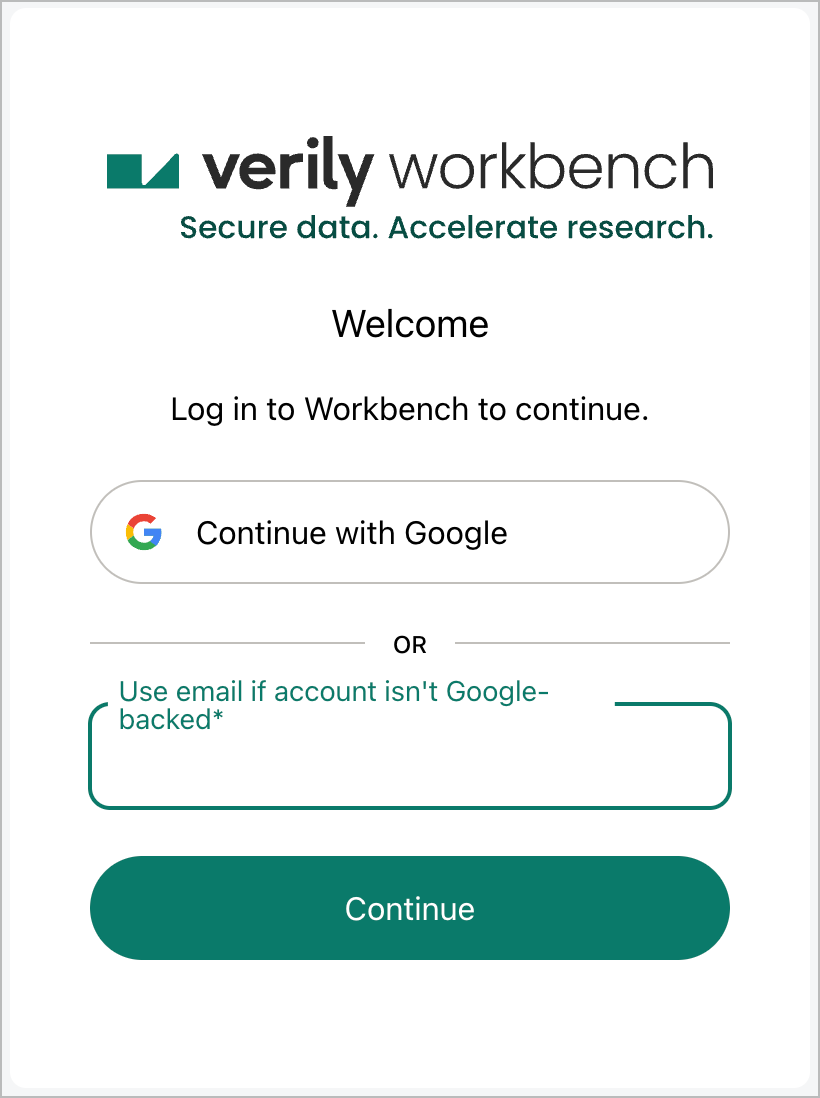 Screenshot of Verily Workbench login dialog showing 'Continue with Google' button and email address input option.