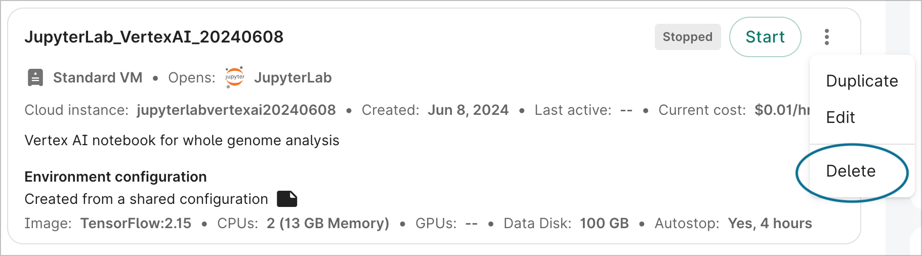 Screenshot of a cloud environment's details card, with the Delete option highlighted.