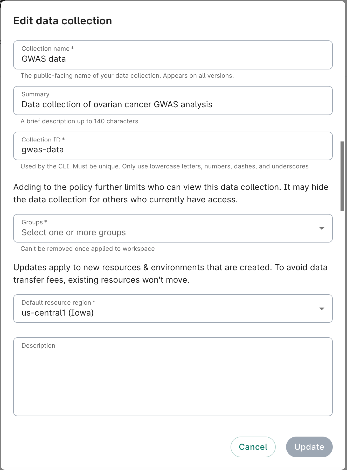 Screenshot of Edit data collection dialog showing editable fields.