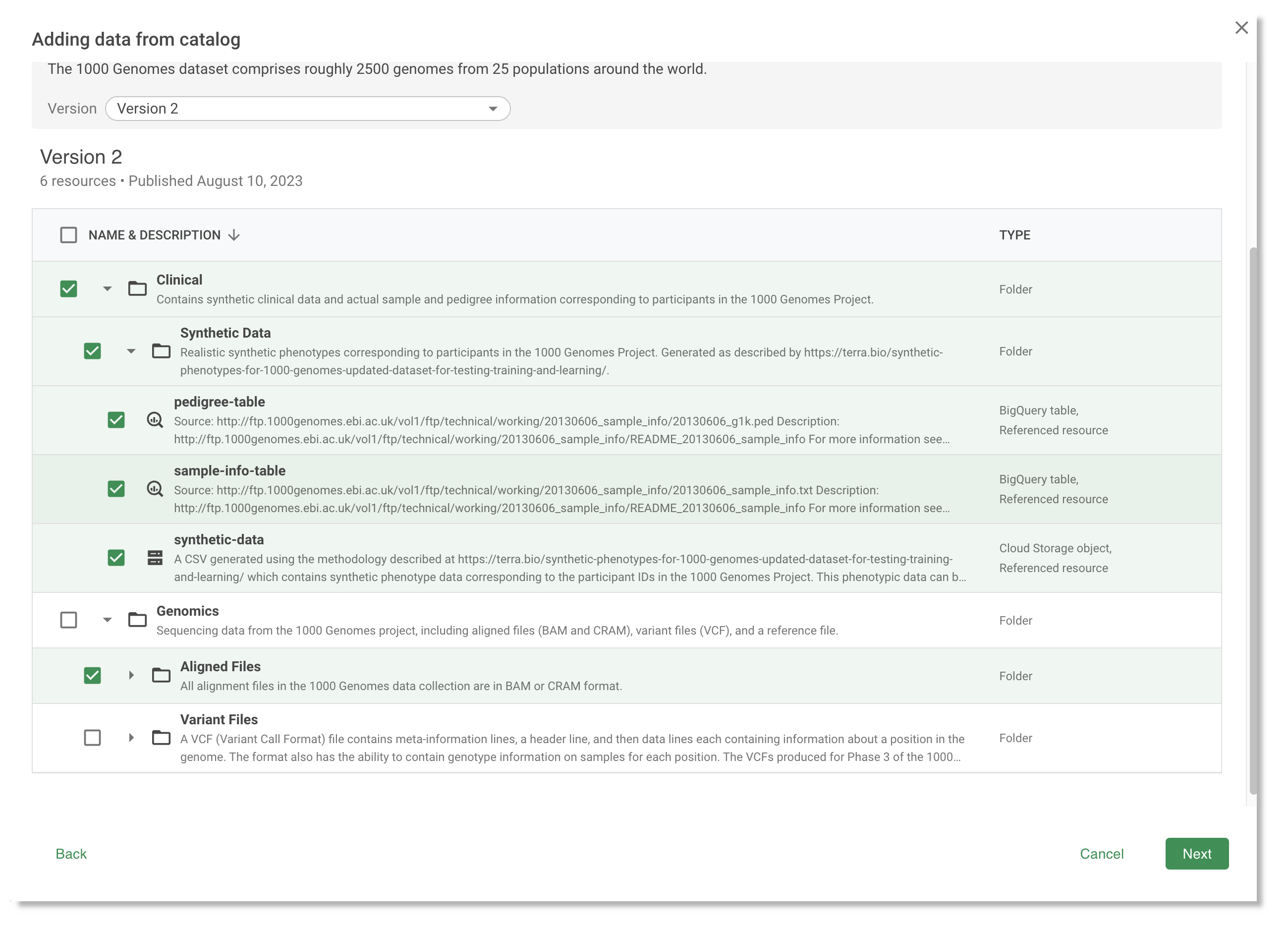 Screenshot of a nested list of resources within a specific data collection version, with certain resources selected for importing.