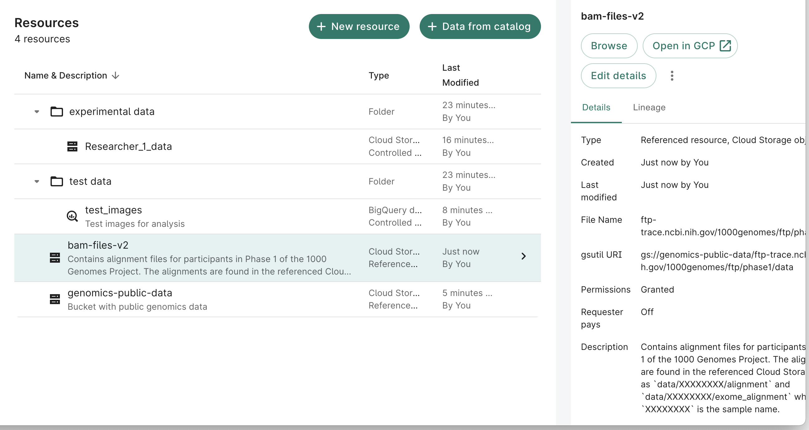 Screenshot showing details of a Cloud Storage object referenced resource.