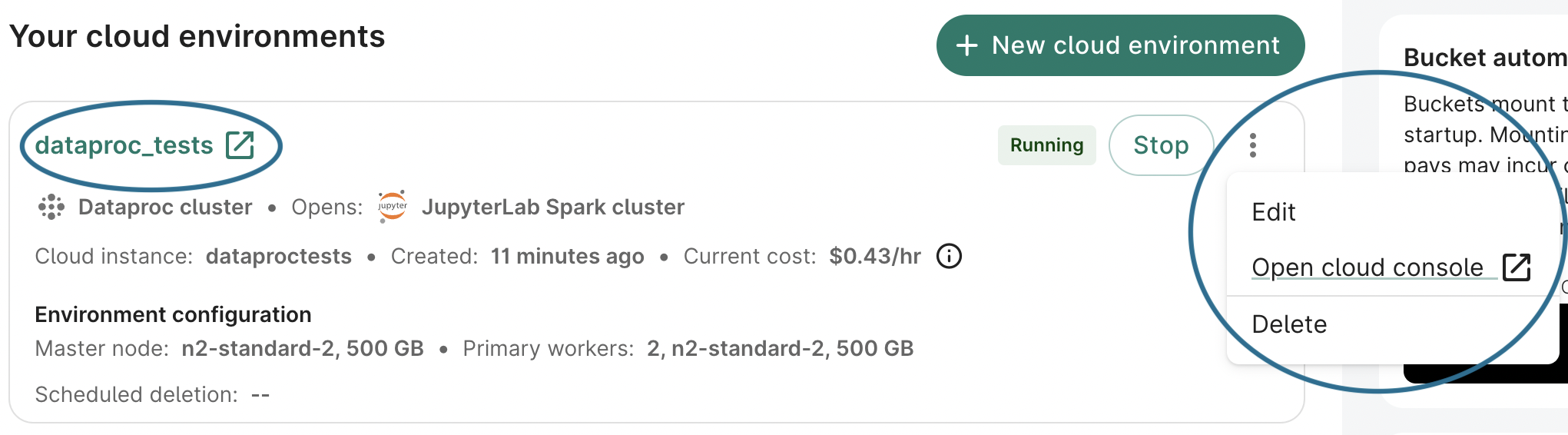 Screenshot of a dataproc_tests environment card in the Environments tab, highlighting the cluster's name and the Edit, Open cloud console, and Delete options.