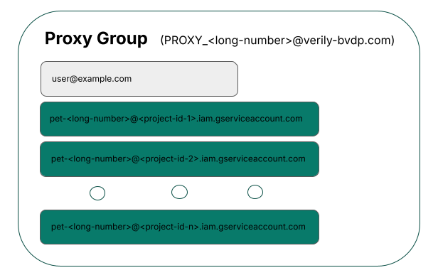 Diagram showing how a user account and workspace service accounts make up a proxy group.