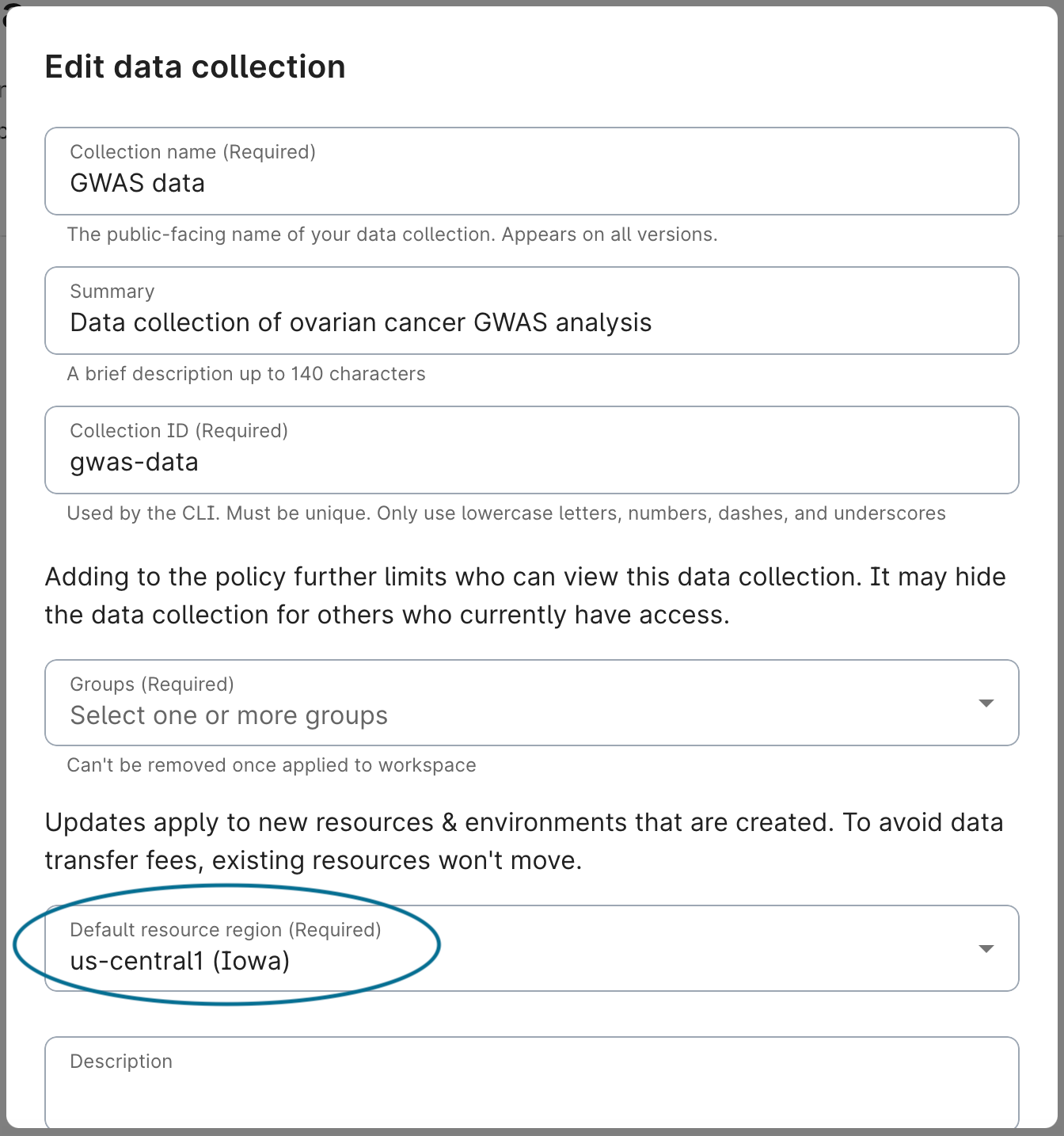 Screenshot of Edit data collection dialog that shows the default resource region dropdown.