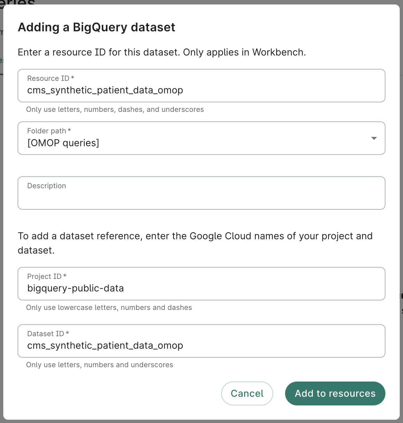 Screenshot of 'Adding a BigQuery dataset' dialog.